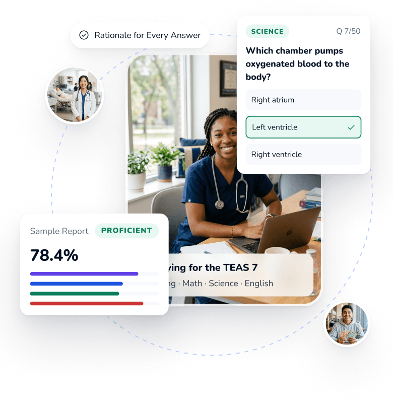 A nursing student with a sample 78.4% score report and an explained science question.